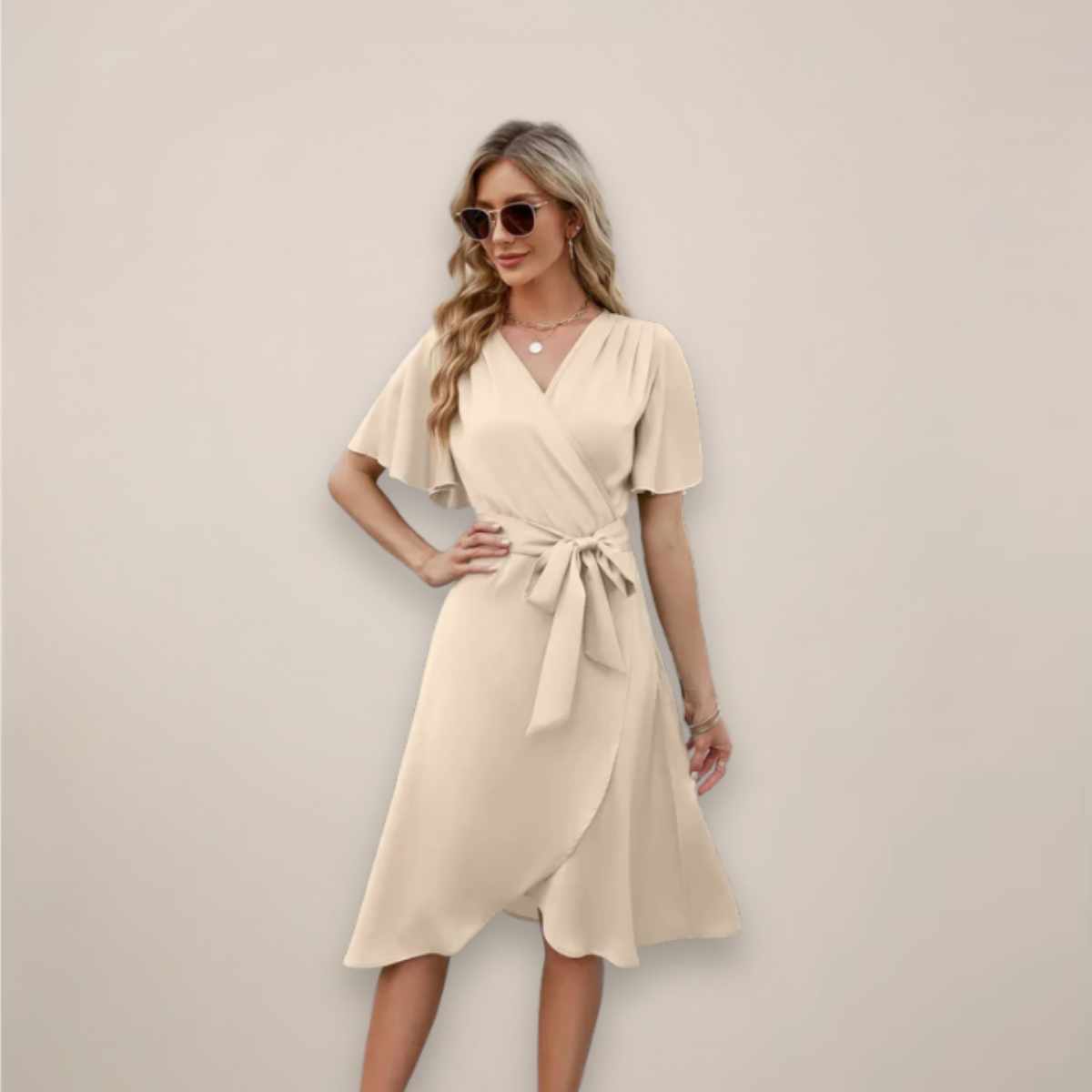 Women's V-Neck Wrap Wedding Guest Midi Dress