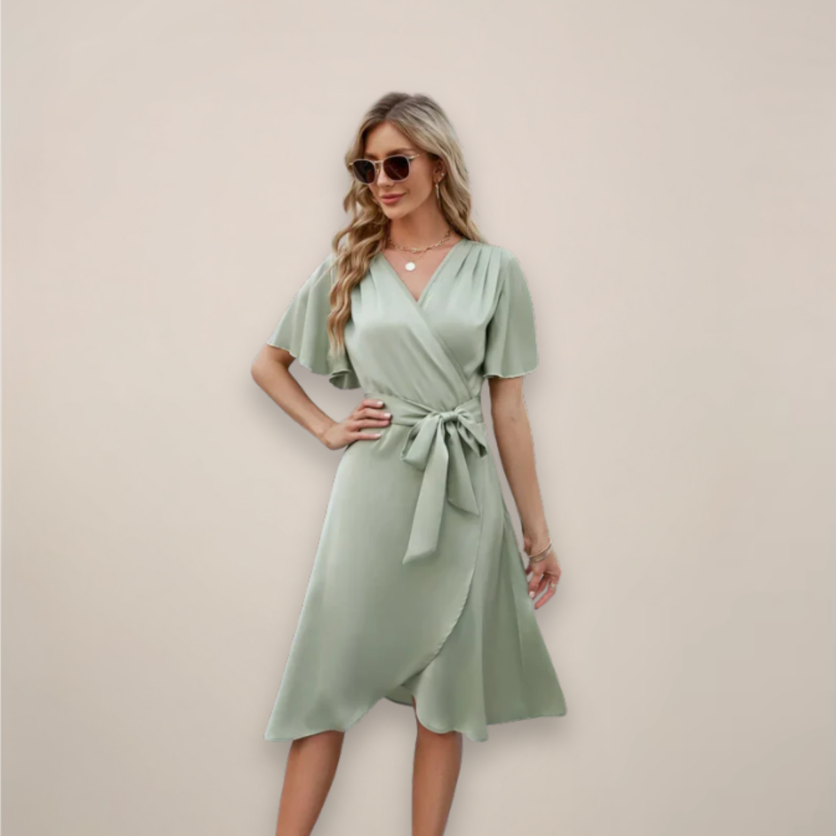 Women's V-Neck Wrap Wedding Guest Midi Dress