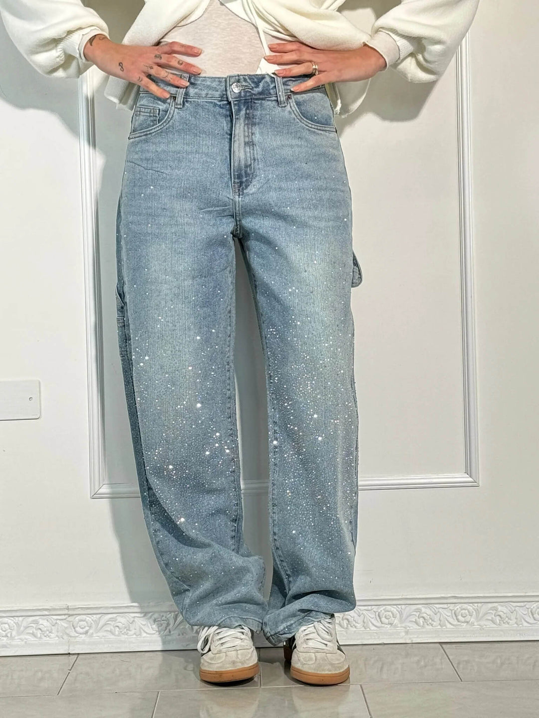 Women's Wide Leg Jeans with Rhinestones