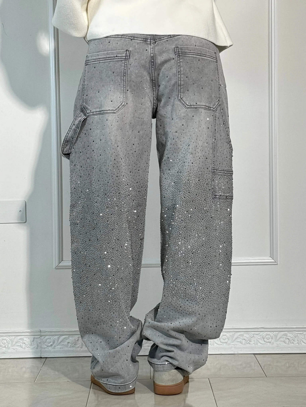 Women's Wide Leg Jeans with Rhinestones