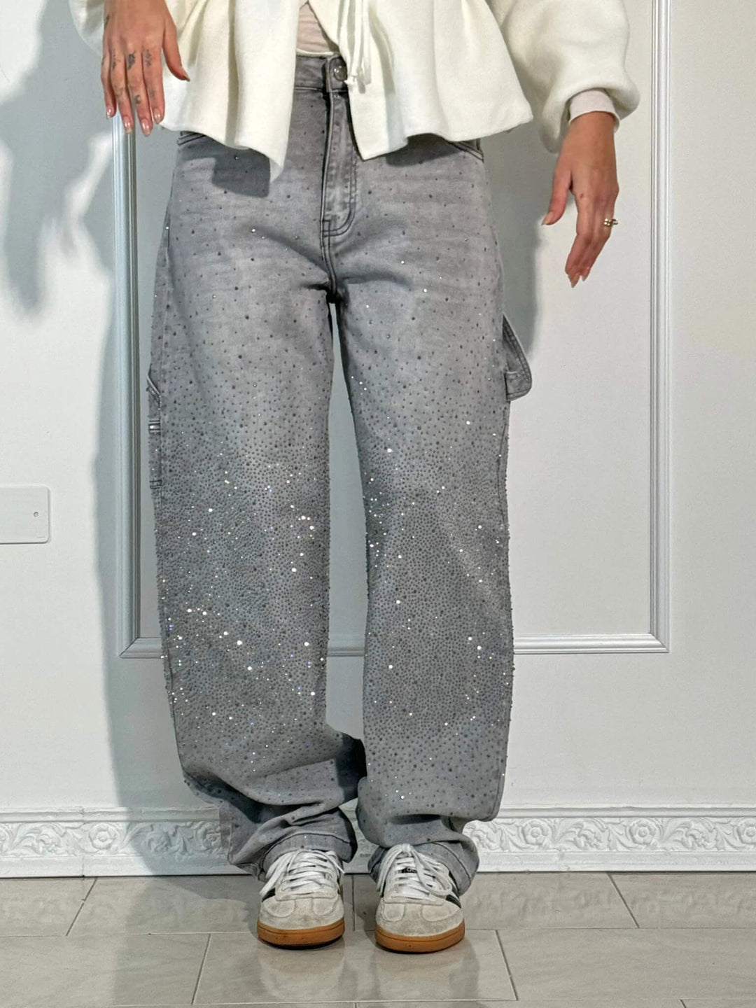 Women's Wide Leg Jeans with Rhinestones