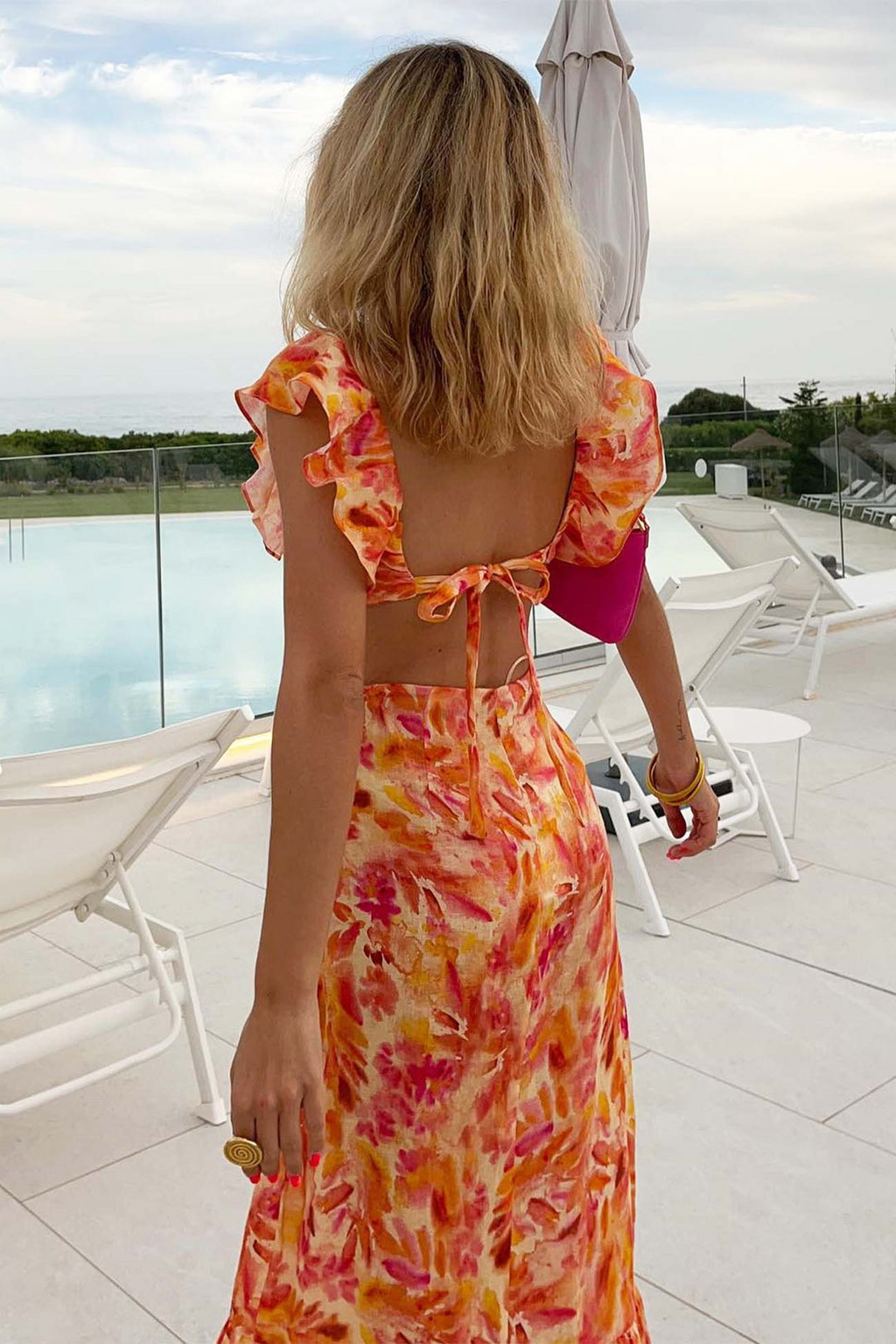 Women's Floral Ruffle V-Neck Maxi Dress