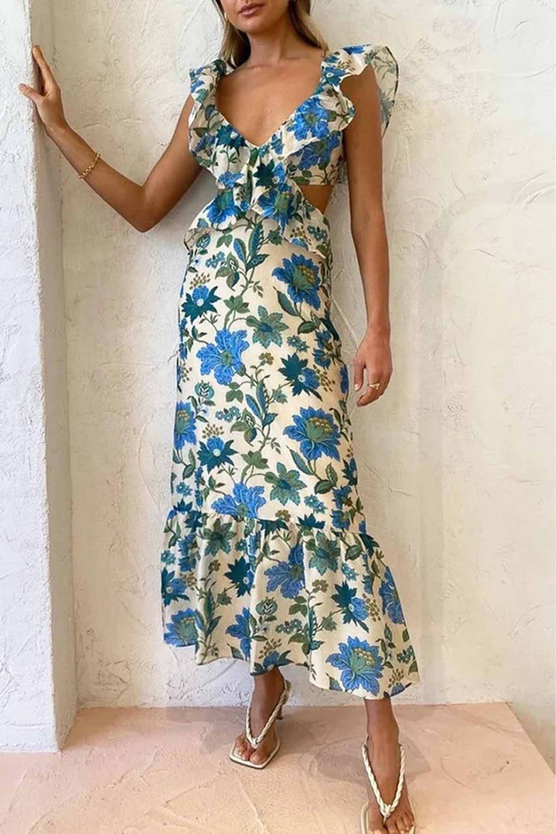 Women's Floral Ruffle V-Neck Maxi Dress