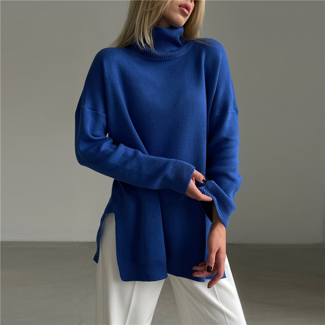 Women's Relaxed Fit Turtleneck Sweater with Side Splits
