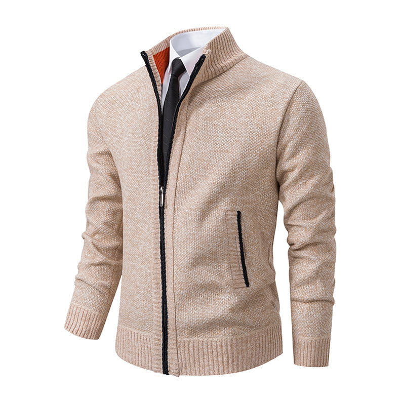 Men's Textured Knit Zip Cardigan with Side Pockets - Beige