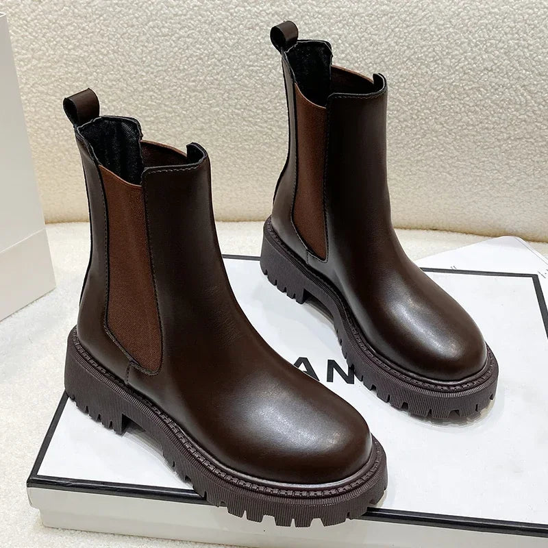 Women's Chunky Thick Sole Round-Toe Chelsea Boots - Dark Brown