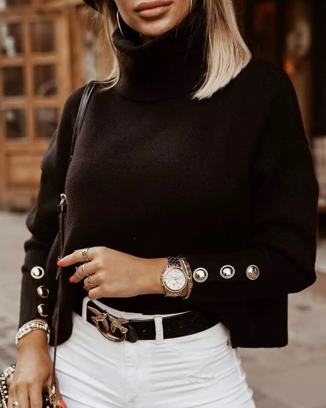 Women's Ribbed Turtleneck Sweater with Button Sleeves