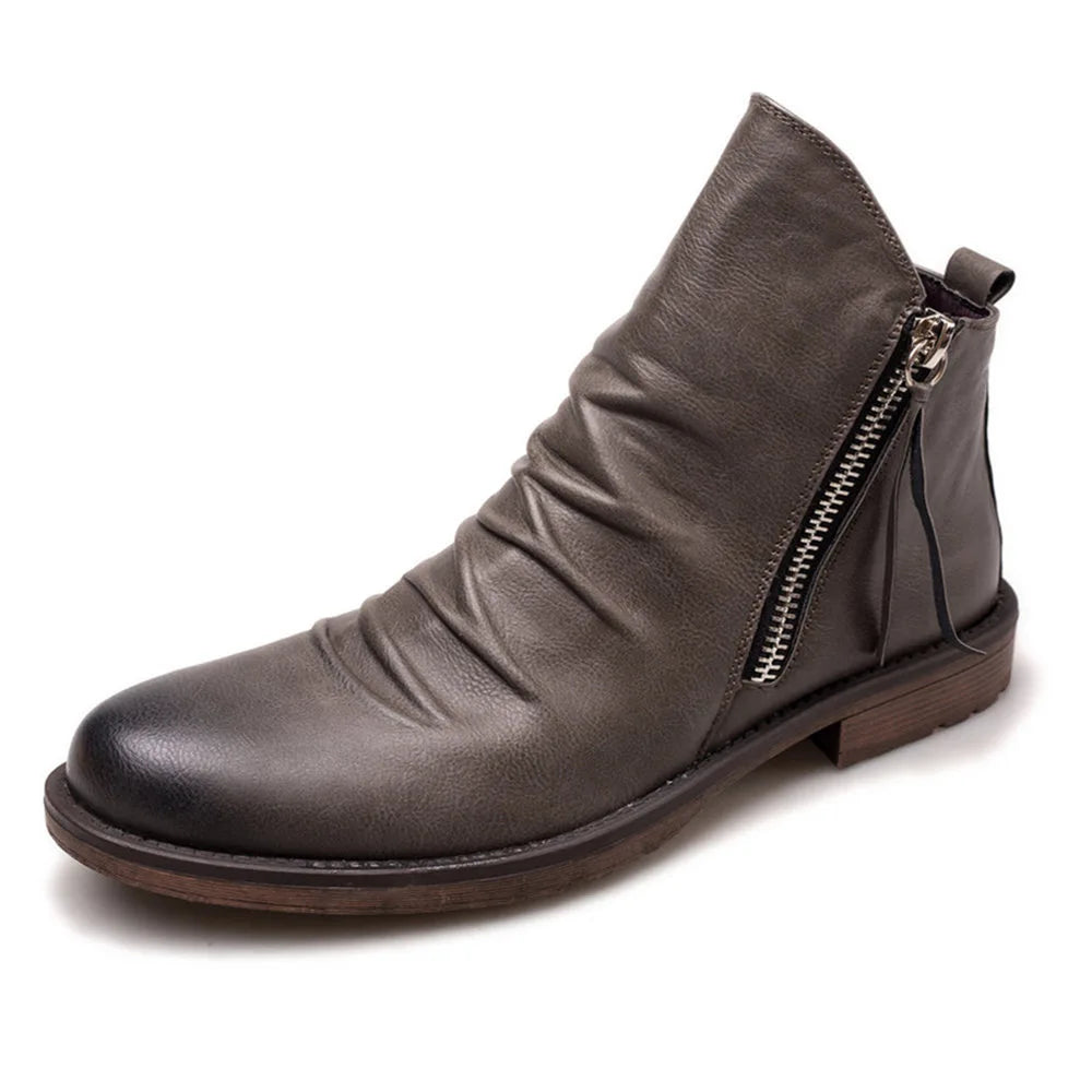 Men's Leather Chelsea Boots with Side Zip - Taupe