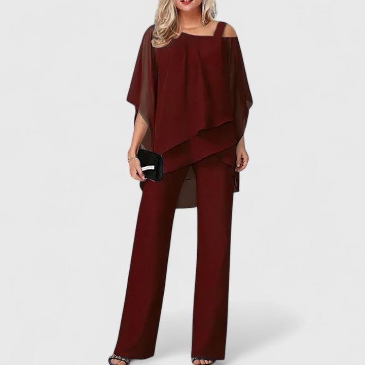Women's Elegant Two-Piece Pant Set - Wine Red