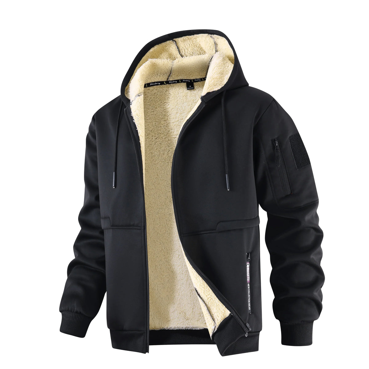 Men's Sherpa-Lined Hooded Fleece Jacket With Sleeve Pocket - Black
