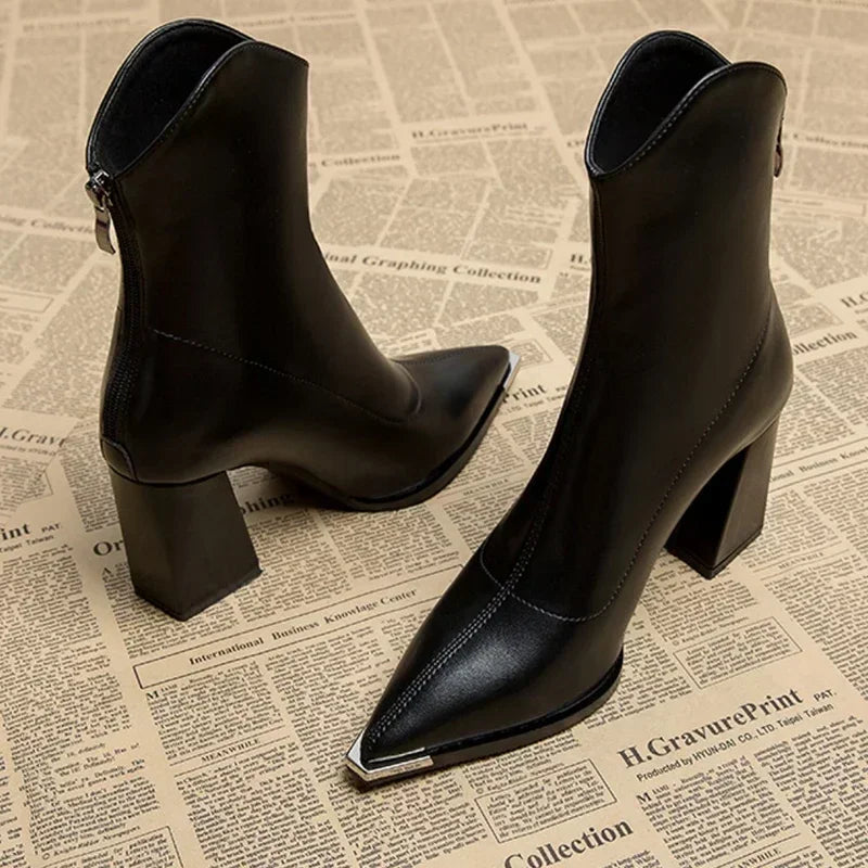 Women's Pointed-Toe Ankle Boots Block Heel Shoes for Smart Everyday Wear