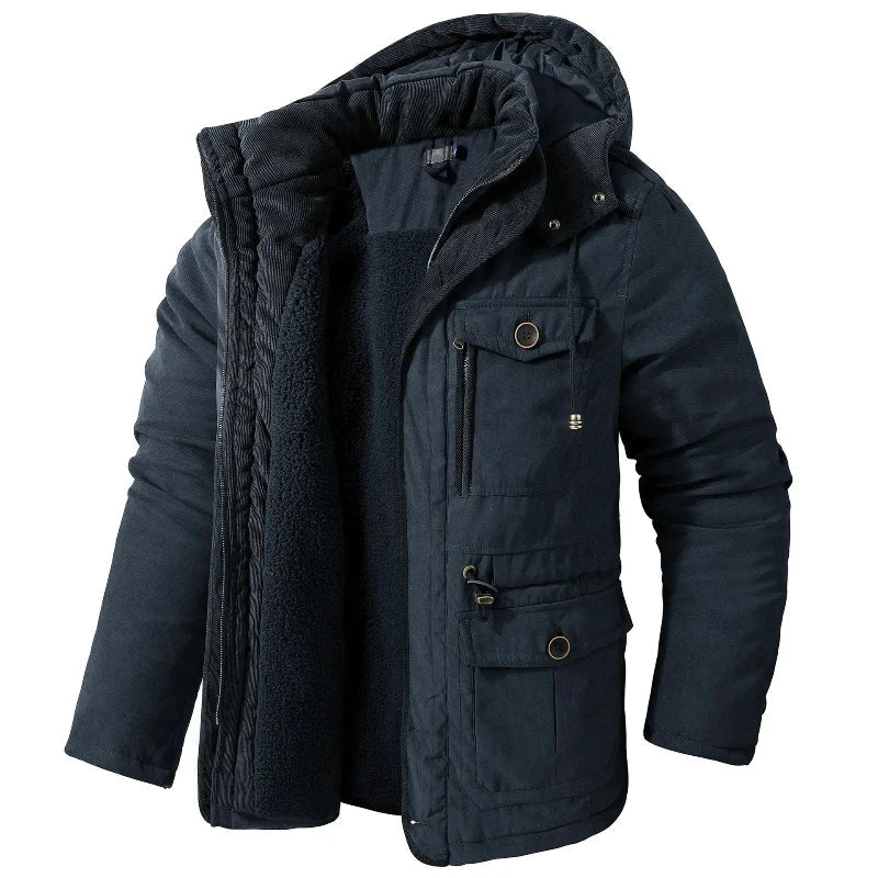 Women's Plush Lined Hooded Winter Parka with Drawcord Hood - Navy Blue