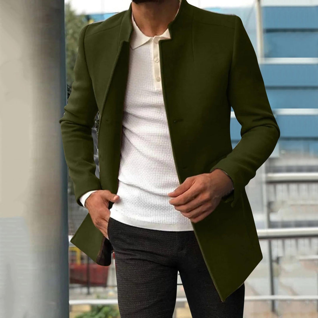Men's Tailored Tweed Jacket with Classic Collar - Dark Green