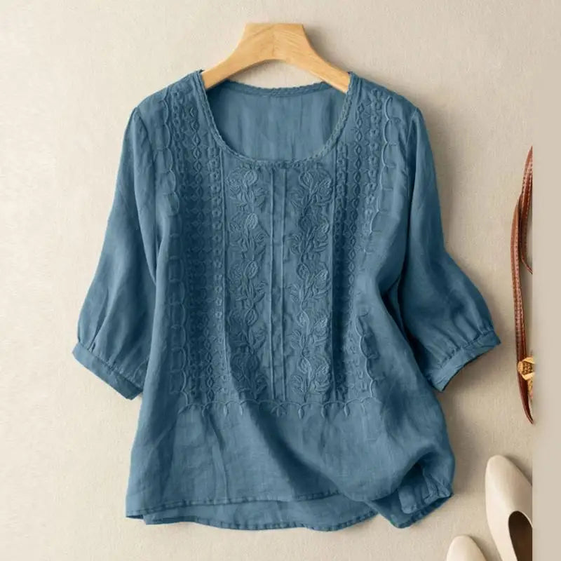 Women's Embroidered Round-Neck Blouse - Blue