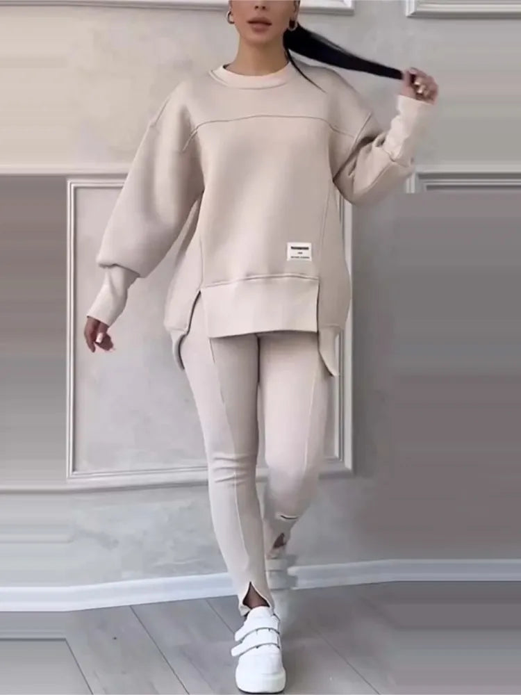 Women's Oversized Sweatshirt and Slim Pants Two Piece Set - Beige