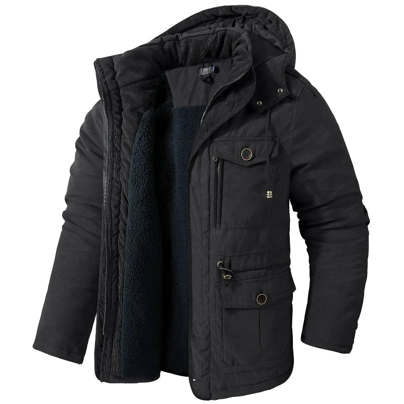 Women's Plush Lined Hooded Winter Parka with Drawcord Hood - Black