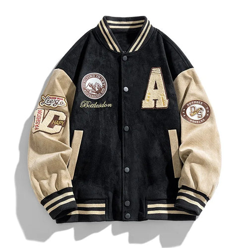 Men's Embroidered Varsity Jacket - Black