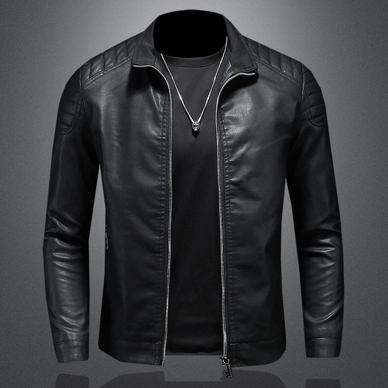 Men's Stand-Collar Zip-Through Biker Jacket - Black
