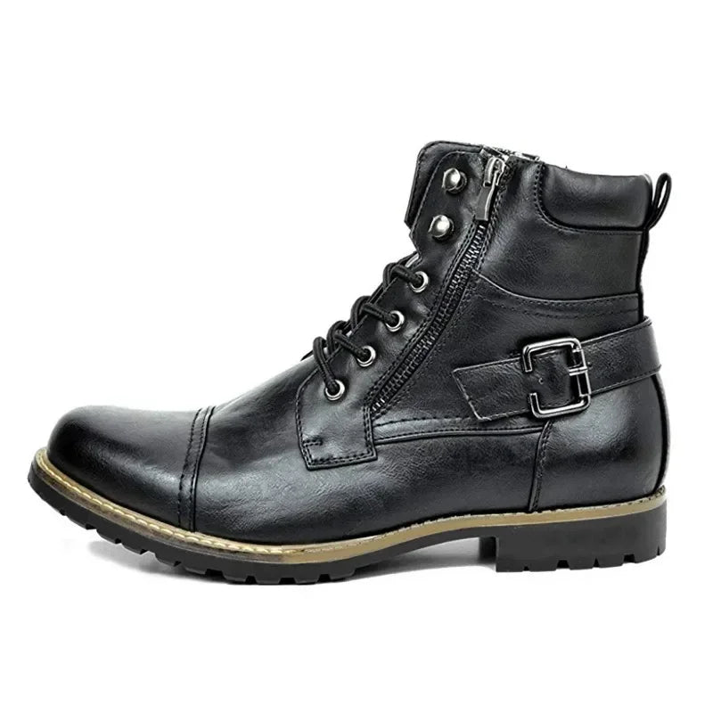 Men's Faux Leather Buckle Lace-Up Boots