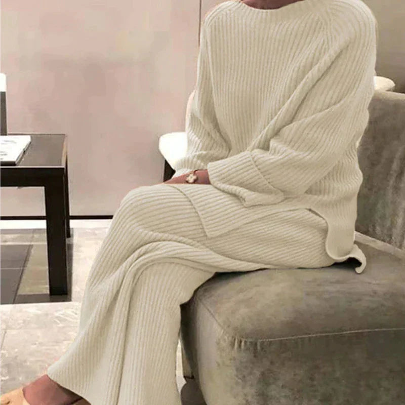 Women's Ribbed Sweater and Wide-Leg Trouser Set - Beige