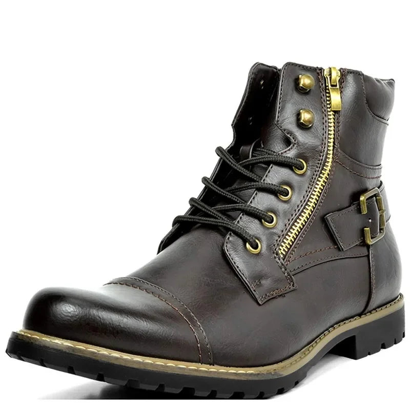 Men's Faux Leather Buckle Lace-Up Boots