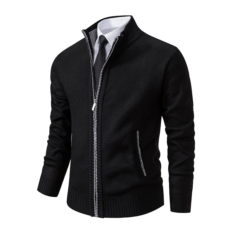 Men's Textured Knit Zip Cardigan with Side Pockets - Black