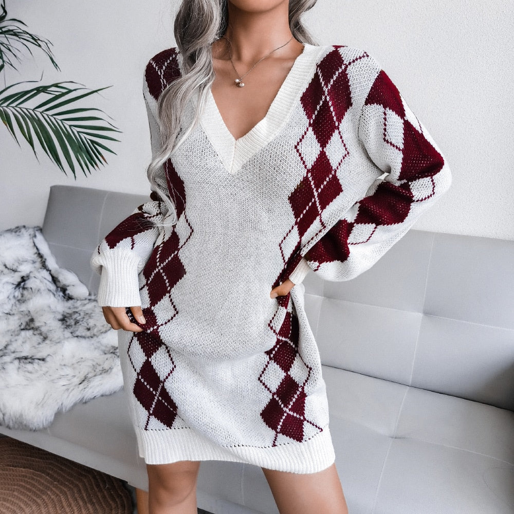 Women's Printed V-Neck Knit Sweater Dress - White
