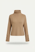 Women's Ribbed Turtleneck Sweater with Button Sleeves