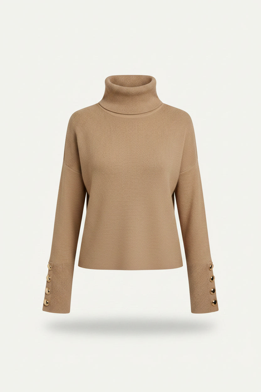 Women's Ribbed Turtleneck Sweater with Button Sleeves