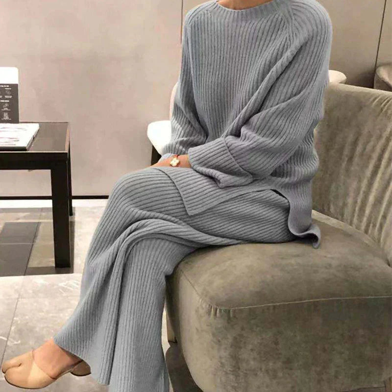Women's Ribbed Sweater and Wide-Leg Trouser Set - Gray