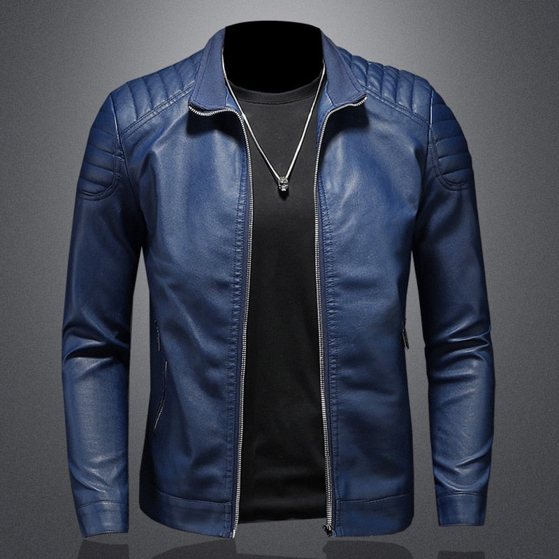 Men's Stand-Collar Zip-Through Biker Jacket - Dark Blue