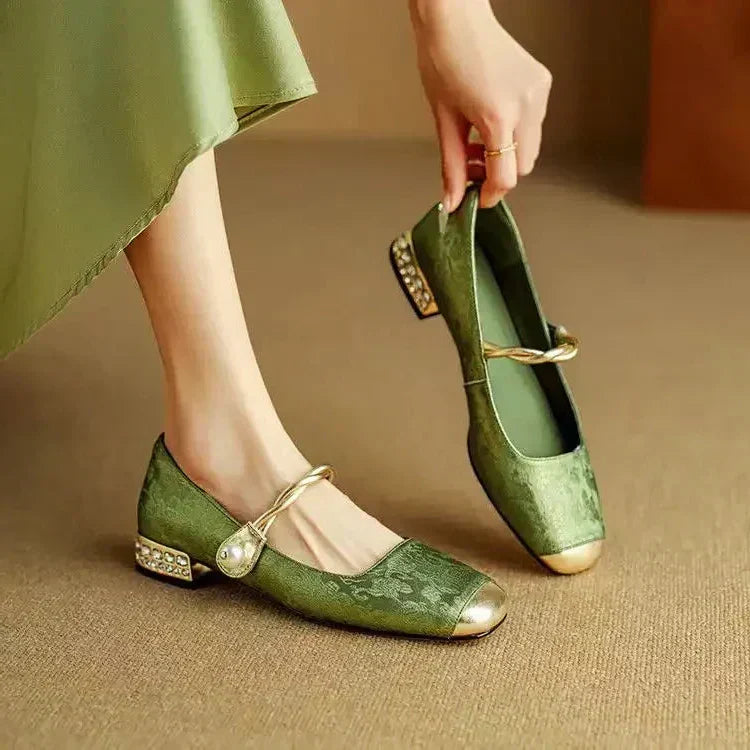 Women's Vintage Braided Pearl Strap Mary Jane Shoes