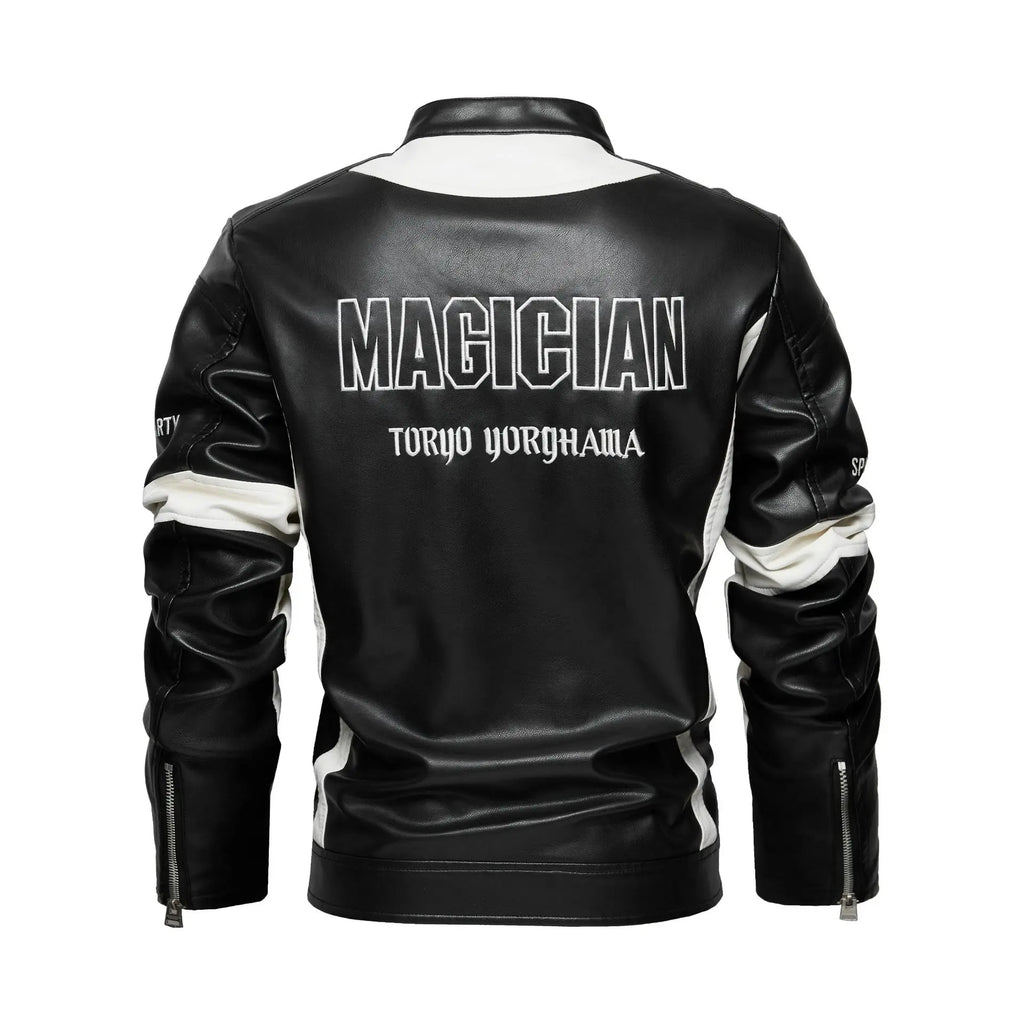 Men's Embroidered Racing-Style Leather Biker Jacket