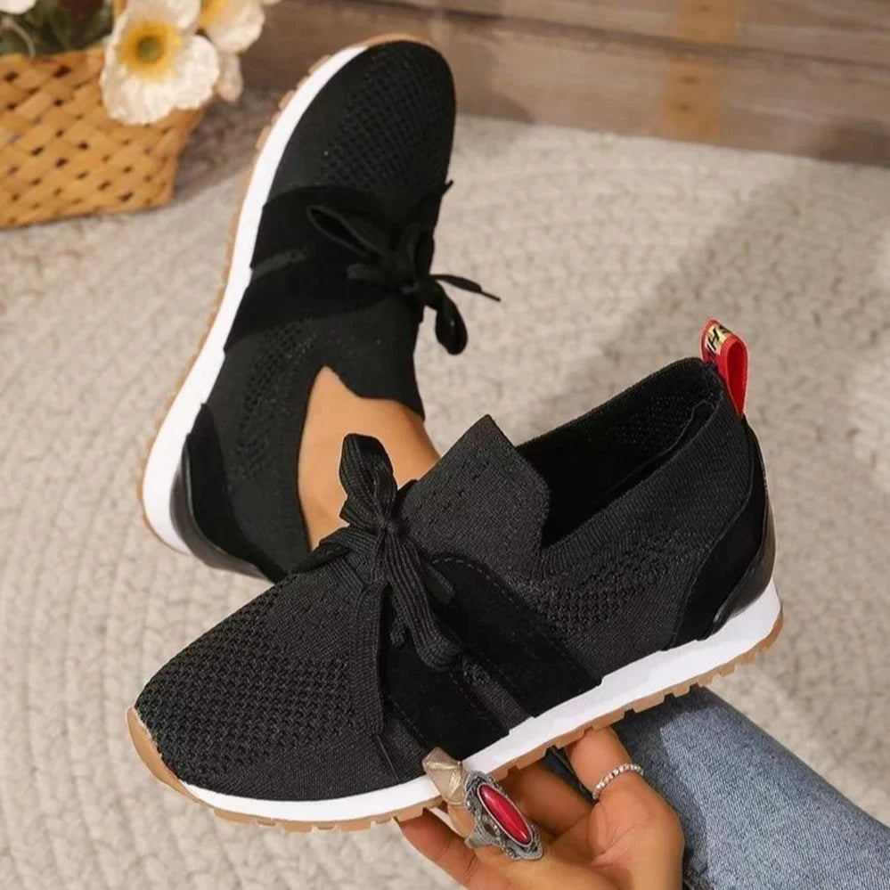 Women's Orthopedic Slip-On Sneakers with Lace Detail - Black