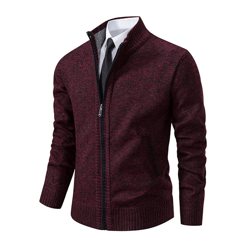 Men's Textured Knit Zip Cardigan with Side Pockets - Wine Red