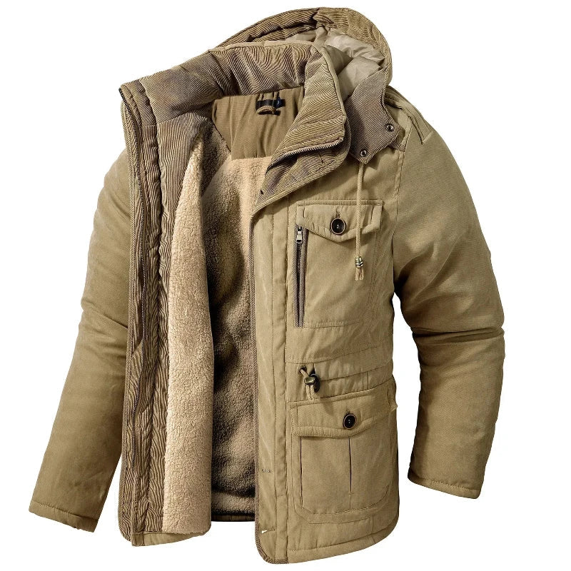 Women's Plush Lined Hooded Winter Parka with Drawcord Hood - Khaki