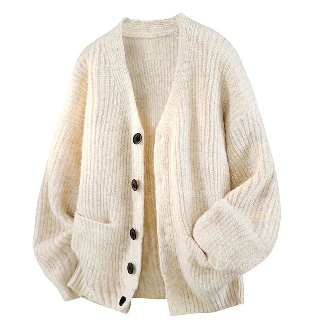 Women's Relaxed V-Neck Button Cardigan with Front Pockets - Apricot