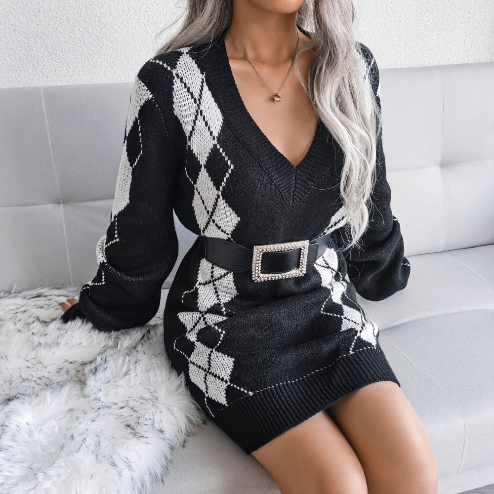 Women's Printed V-Neck Knit Sweater Dress