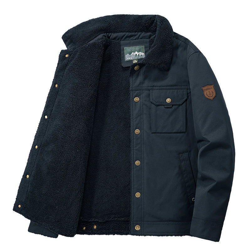 Men's Sherpa-Lined Button-Front Utility Jacket - Navy Blue