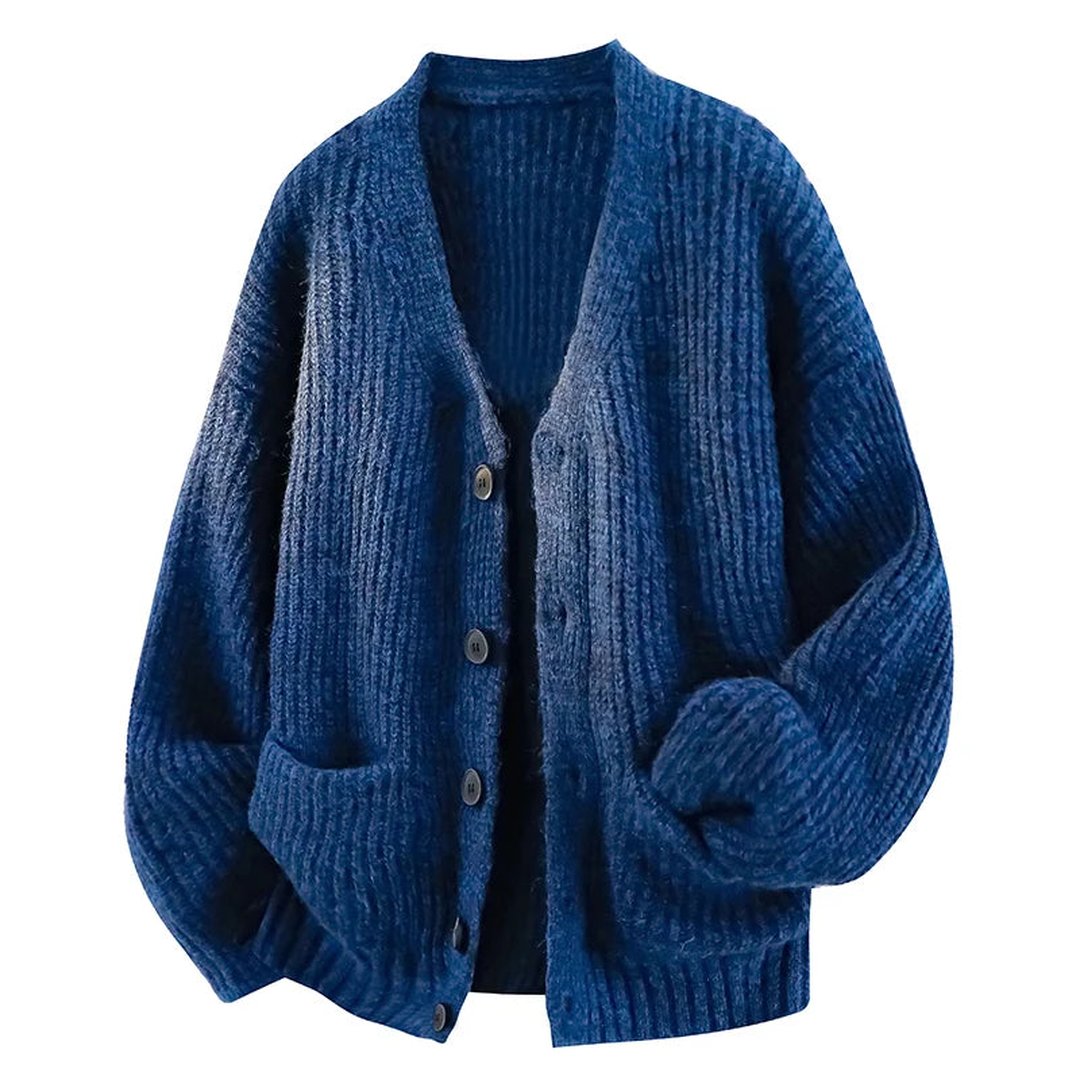 Women's Relaxed V-Neck Button Cardigan with Front Pockets - Blue