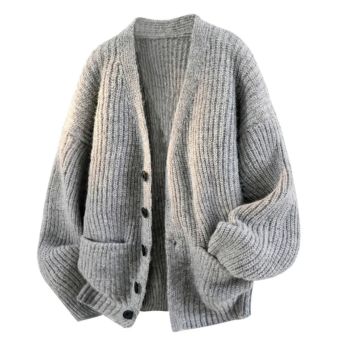Women's Relaxed V-Neck Button Cardigan with Front Pockets - Gray