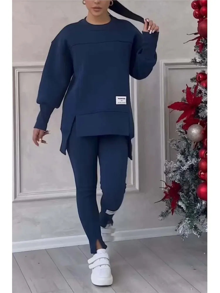 Women's Oversized Sweatshirt and Slim Pants Two Piece Set - Dark Blue