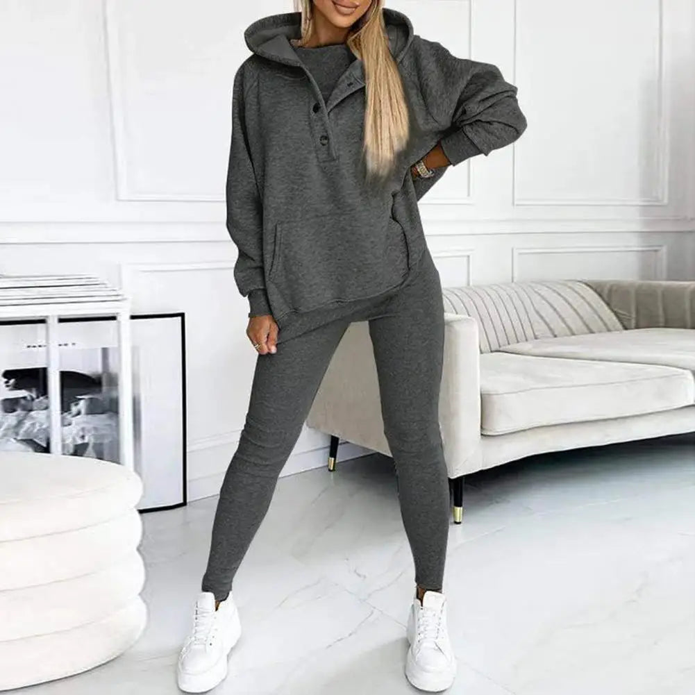 Women's Button-Neck Hoodie and Leggings Two-Piece Set - Dark Gray