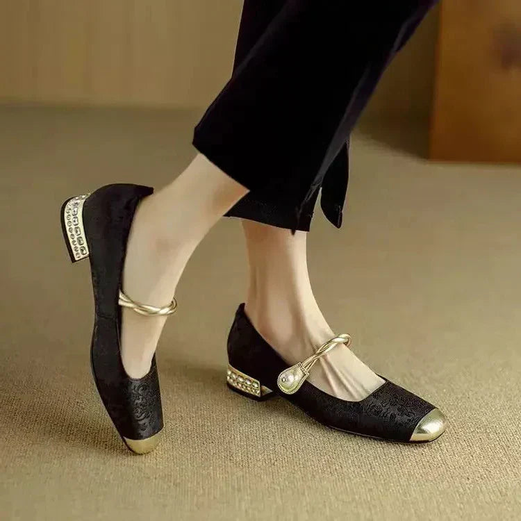 Women's Vintage Braided Pearl Strap Mary Jane Shoes