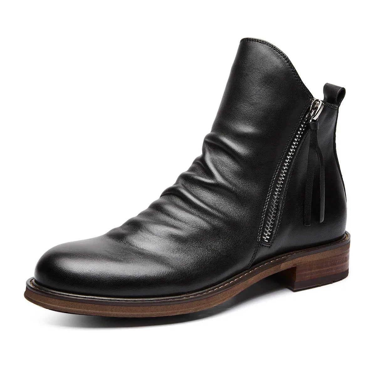 Men's Leather Chelsea Boots with Side Zip - Black