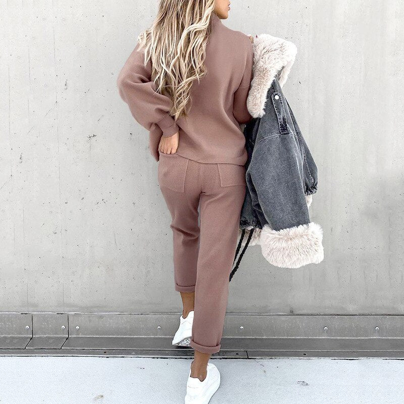 Women's Cozy Knit Sweater and Trousers Two Piece Set