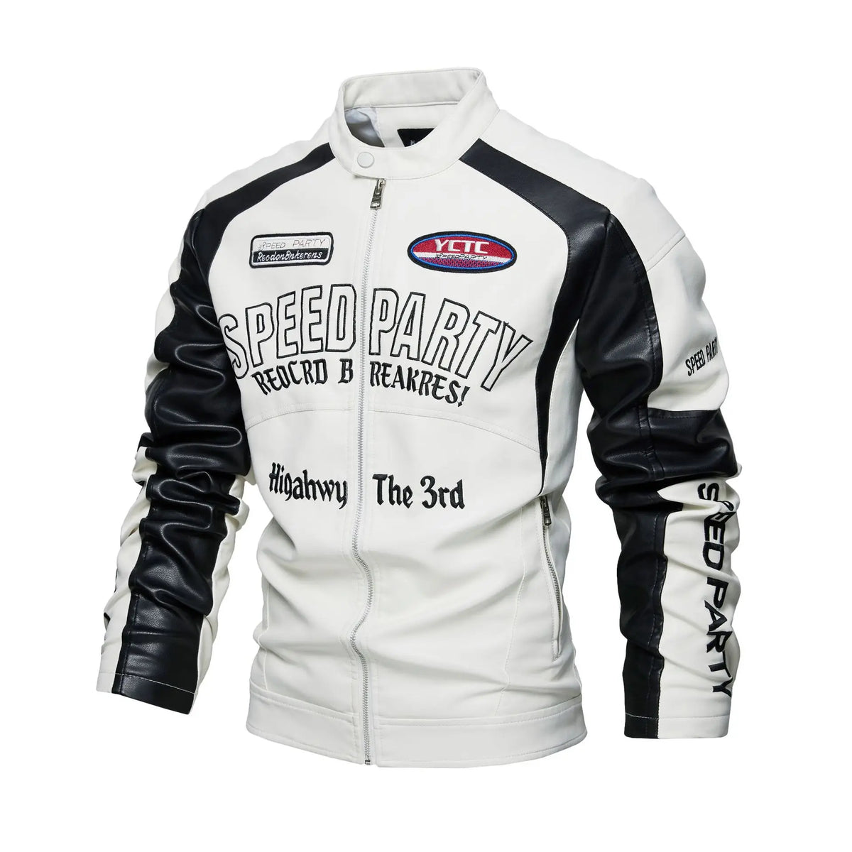 Men's Embroidered Racing-Style Leather Biker Jacket - White