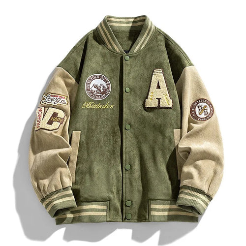 Men's Embroidered Varsity Jacket - Army Green