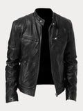 Men's Stand-Collar Leather-Look Zip Jacket - Black