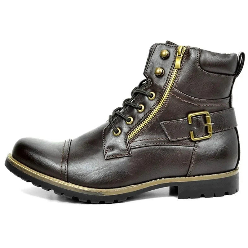 Men's Faux Leather Buckle Lace-Up Boots